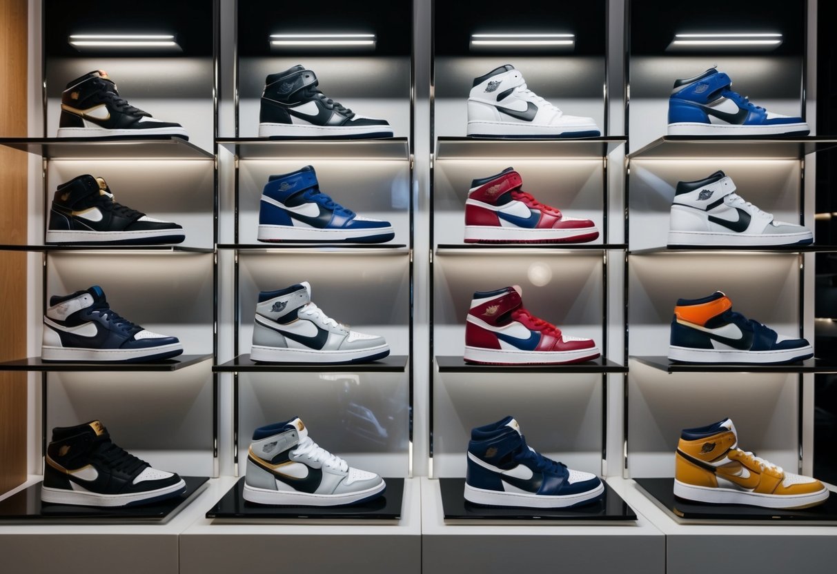 A display of men's designer sneakers arranged on sleek, modern shelves with spotlights highlighting each pair