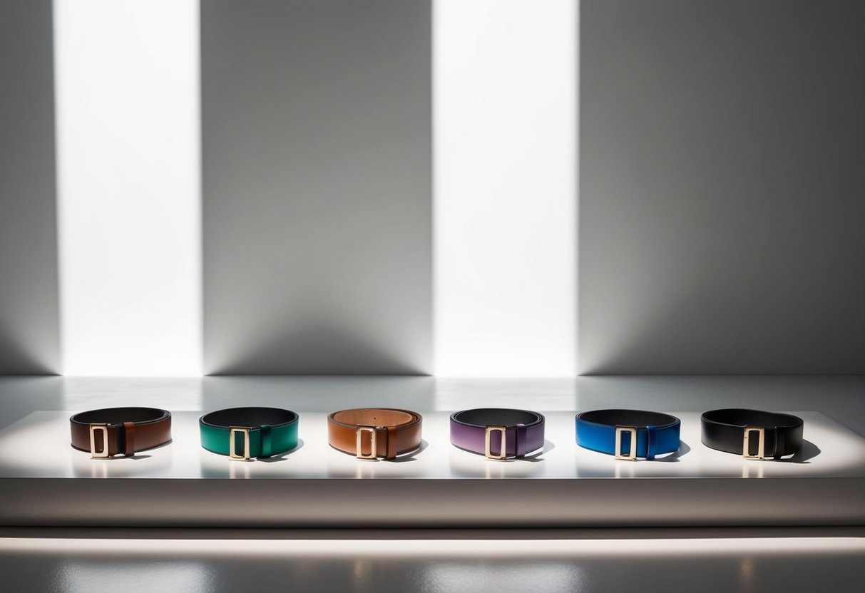 A sleek, modern display of 10 statement belts arranged in a gradient pattern against a minimalist backdrop, with dramatic lighting casting bold shadows