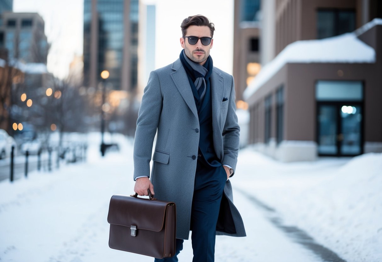 A dapper man in a tailored overcoat and scarf, with a sleek leather briefcase, walking confidently through a snowy urban landscape