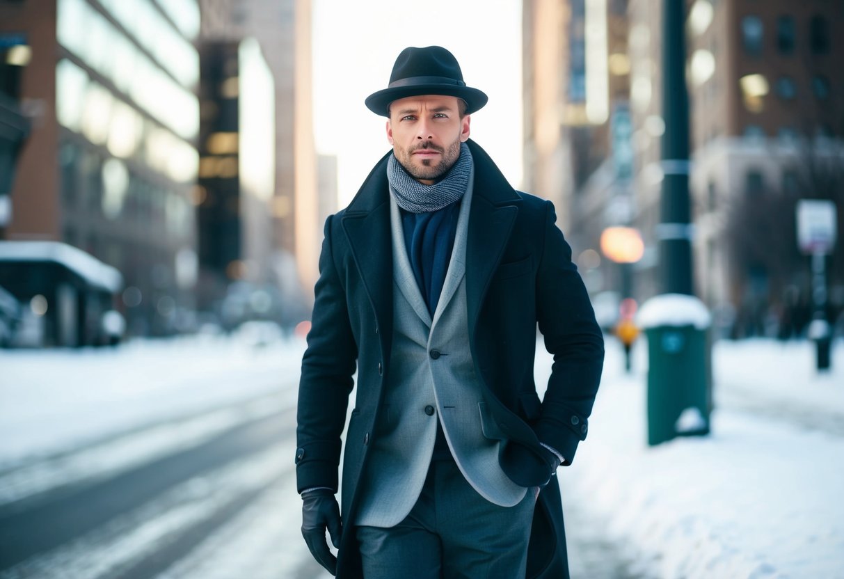 A well-dressed man in a stylish winter coat, scarf, and hat, walking confidently through a snowy urban landscape