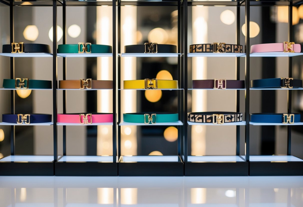 A sleek, modern display of 10 statement belts arranged in a grid pattern, each belt featuring bold and eye-catching designs