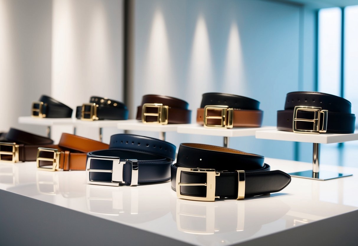 A sleek display of designer and boutique men's belts arranged on a modern, minimalist backdrop, showcasing their luxurious and statement-making qualities