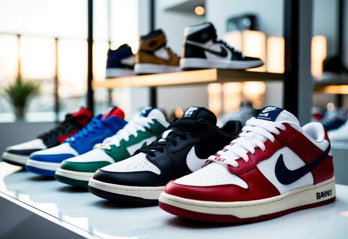 A display of top men's designer sneakers from renowned brands in 2024, arranged in a sleek and modern setting