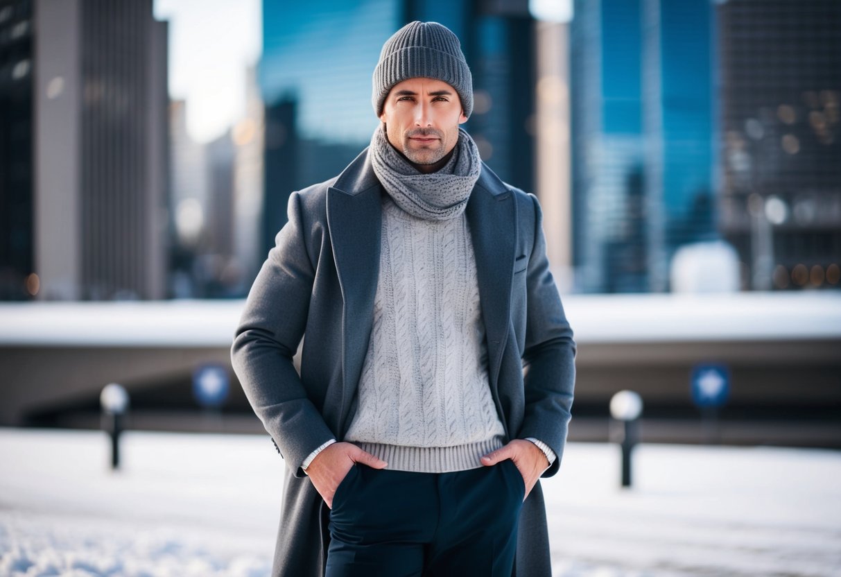 A stylish man in a sleek overcoat layered over a cozy sweater, paired with a scarf and beanie, standing against a snowy city backdrop