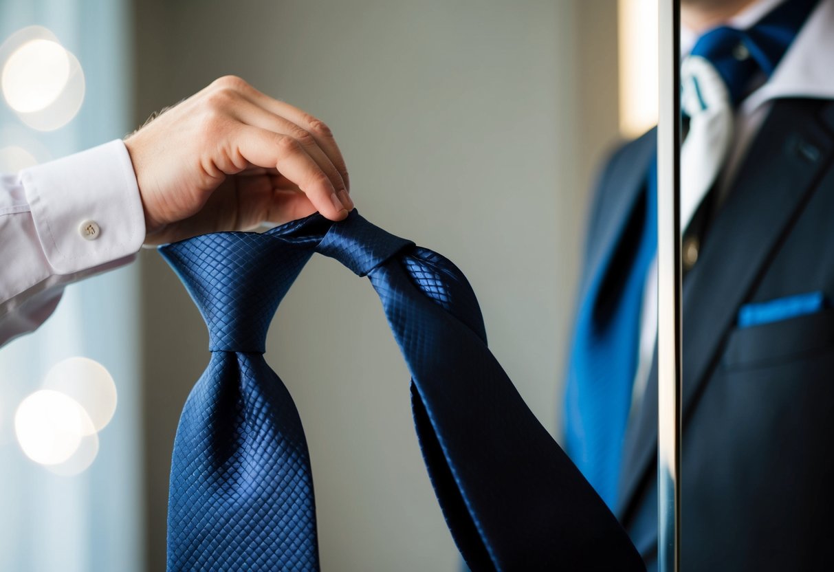 A silk tie being carefully folded and looped to create the perfect knot, with a mirror reflecting the process for precision