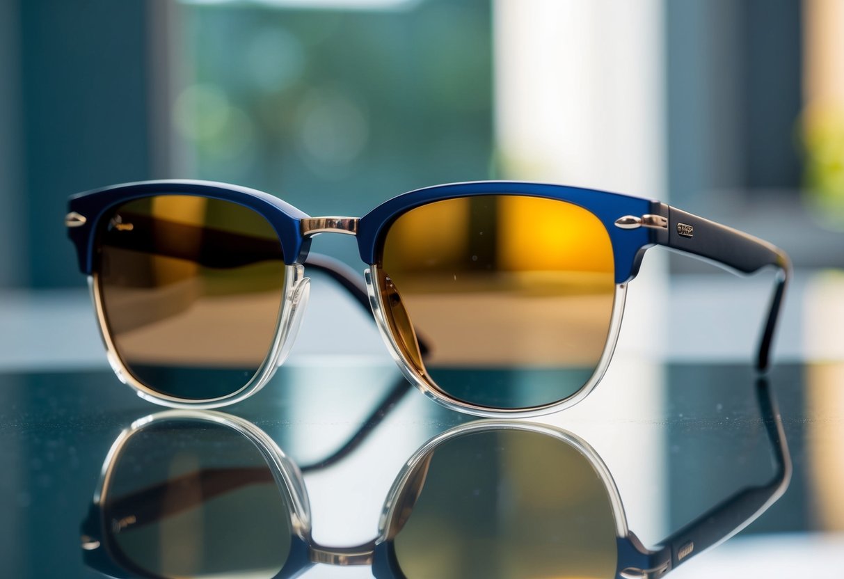 A stylish pair of men's sunglasses with sleek, modern frames and tinted, UV-protective lenses, sitting on a reflective surface