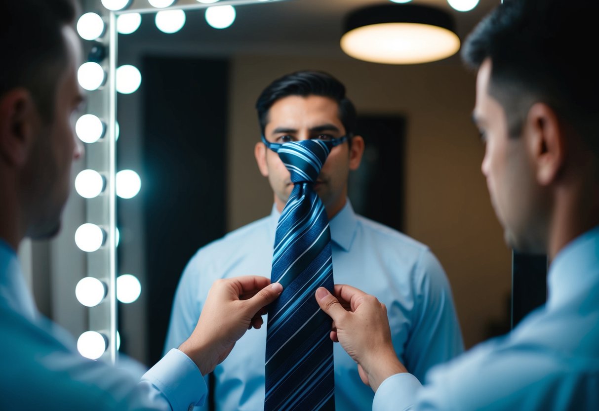 A silk tie being expertly tied in a mirror reflection, with a dimly lit room in the background