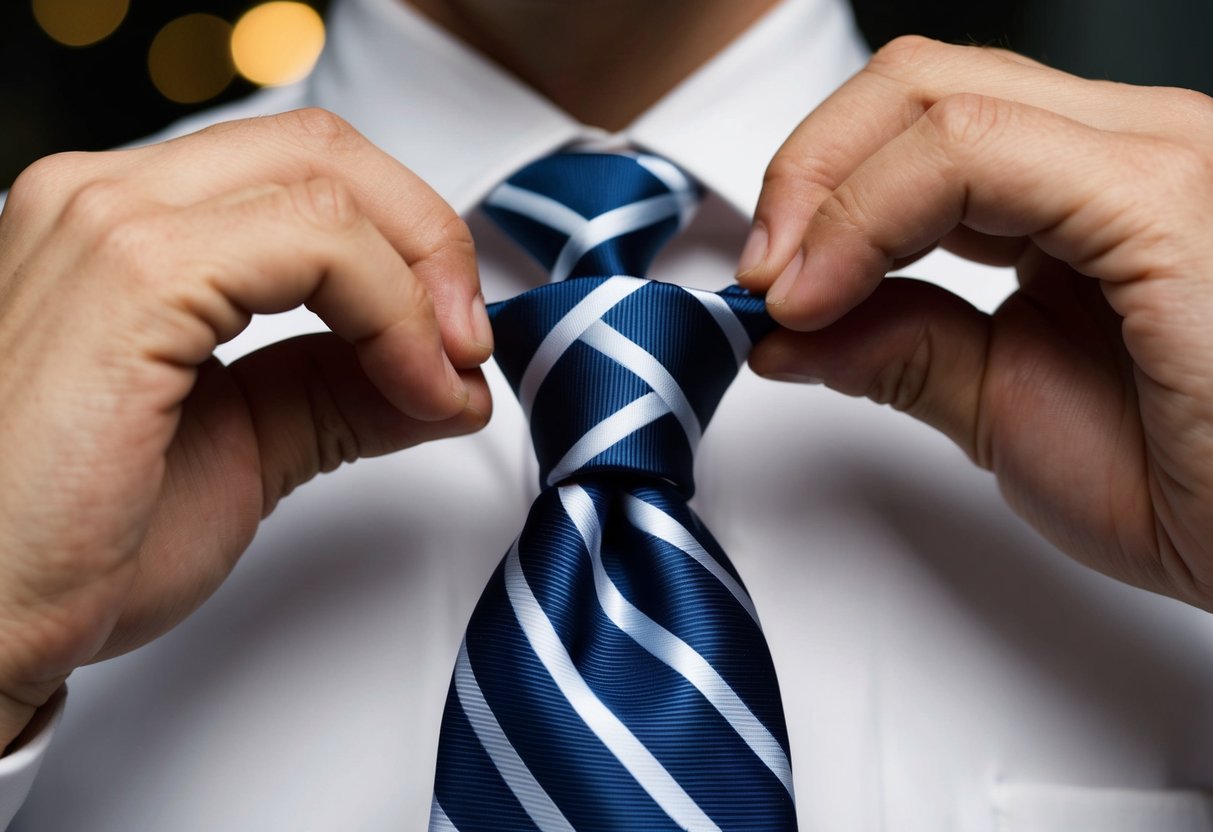 A silk tie being expertly looped and tightened into the perfect knot by skillful hands