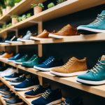 A collection of eco-friendly footwear brands displayed on shelves, with natural elements and sustainable materials featured in the design