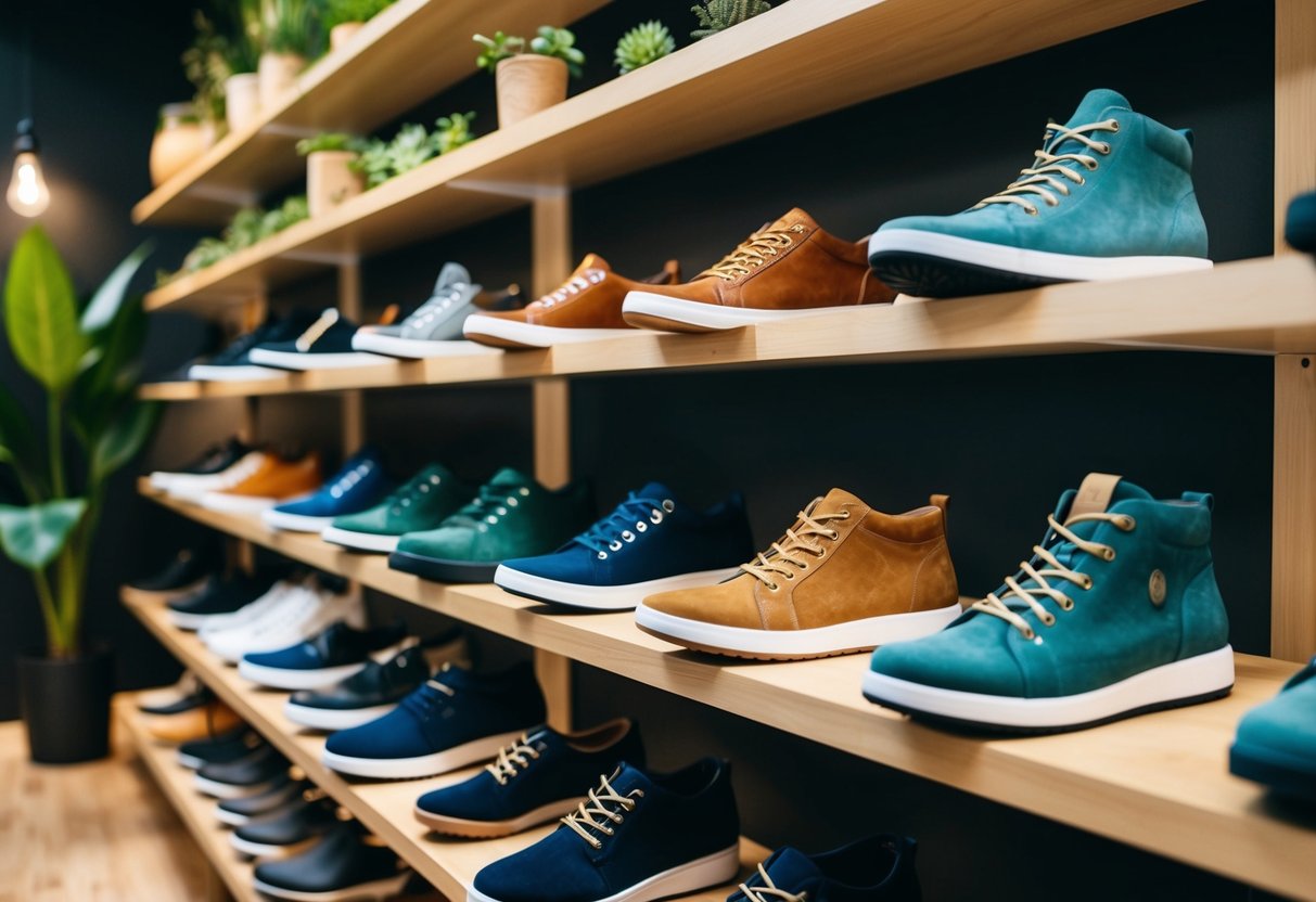 A collection of eco-friendly footwear brands displayed on shelves, with natural elements and sustainable materials featured in the design