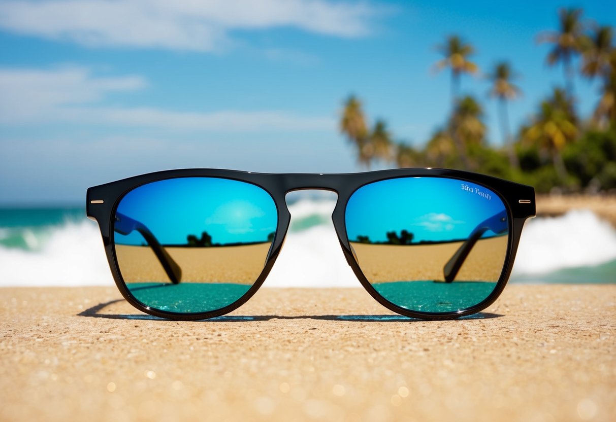 A pair of sleek, modern sunglasses with reflective lenses, set against a backdrop of a sunny beach with crashing waves and palm trees