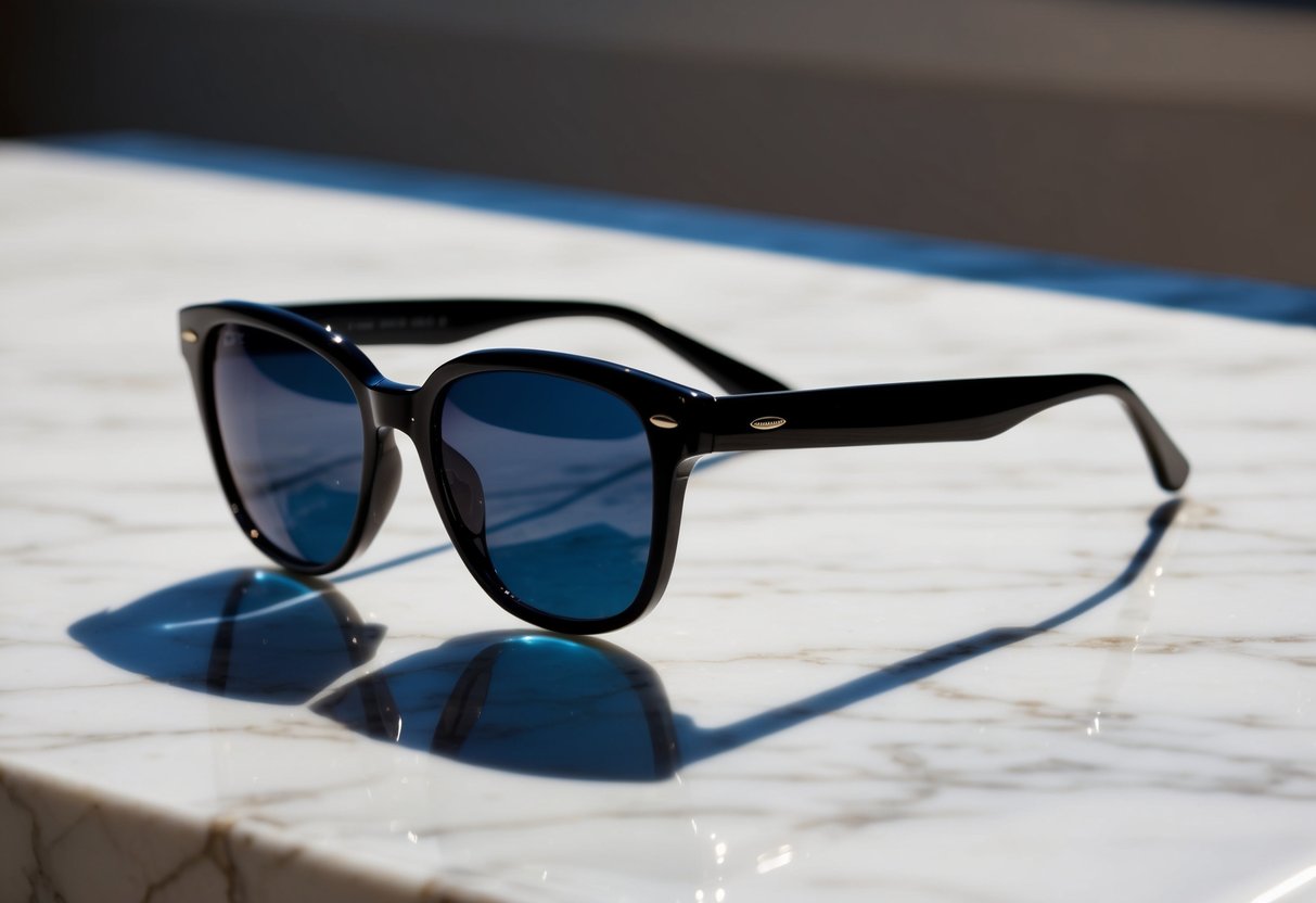 A sleek, modern pair of sunglasses sits on a marble tabletop, with the sunlight casting a stylish shadow across the glossy frames