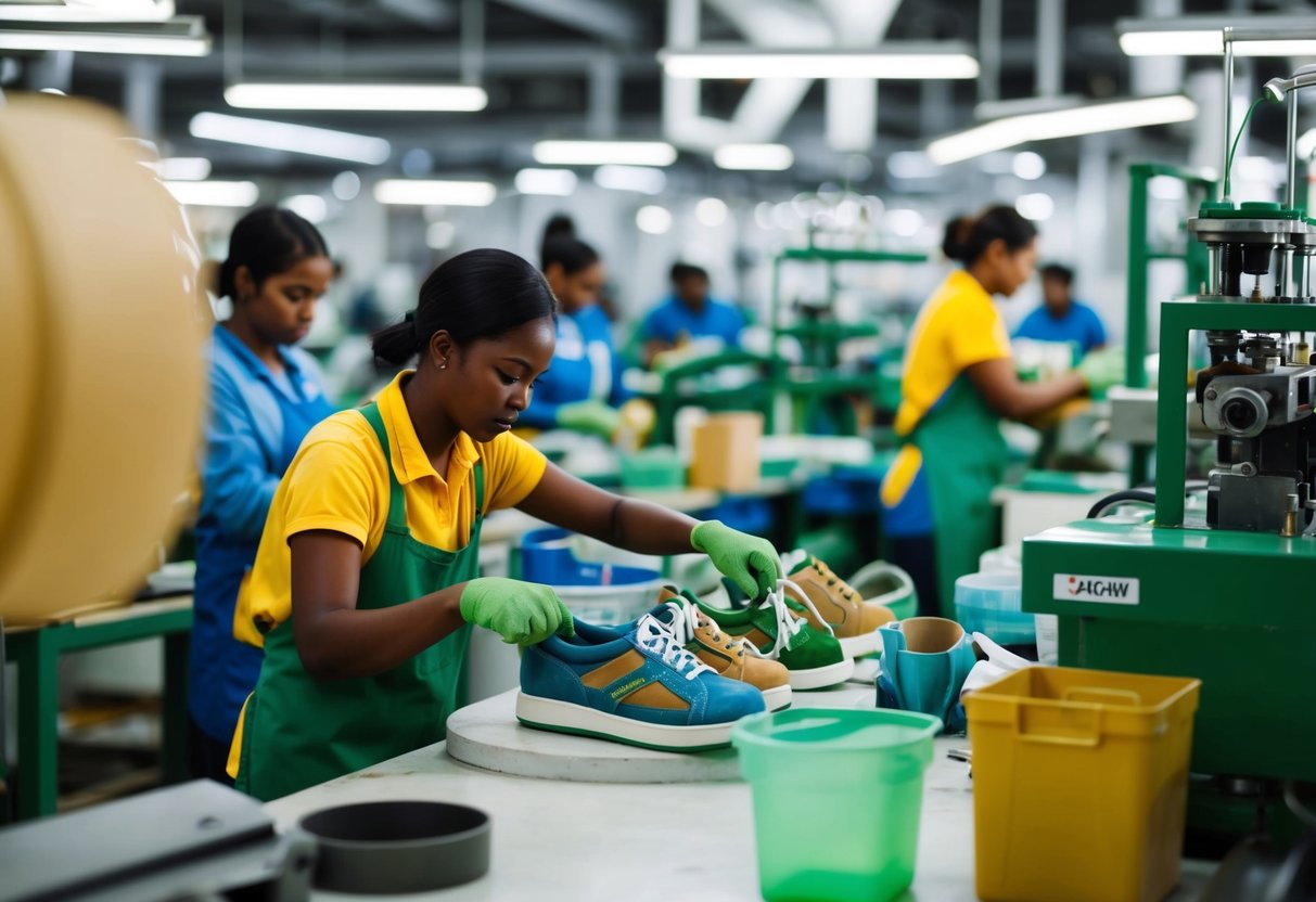 A bustling shoe factory with workers using eco-friendly materials and machinery to create sustainable footwear