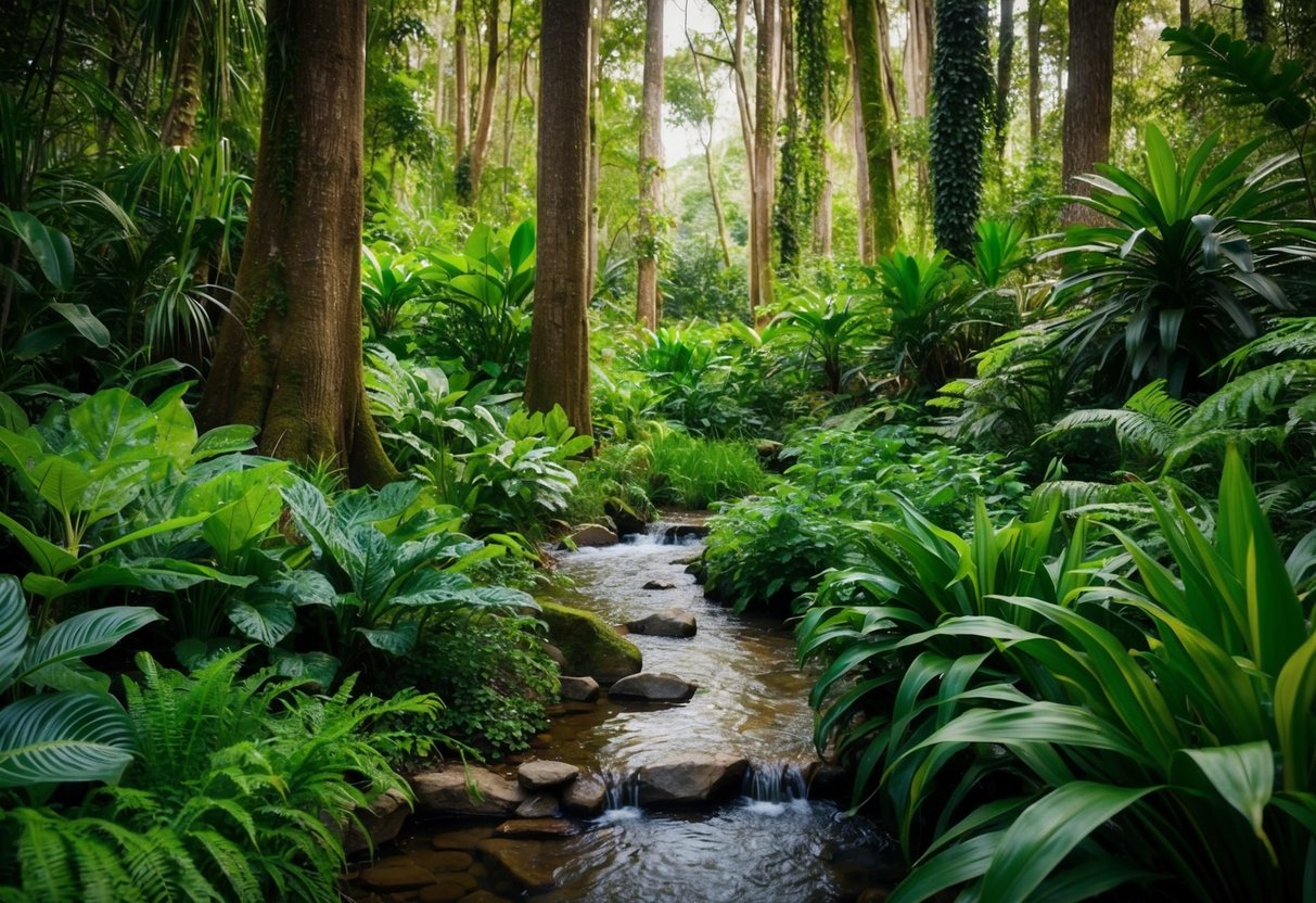 A lush forest with diverse plant life and a stream, showcasing eco-friendly footwear brands in 2024