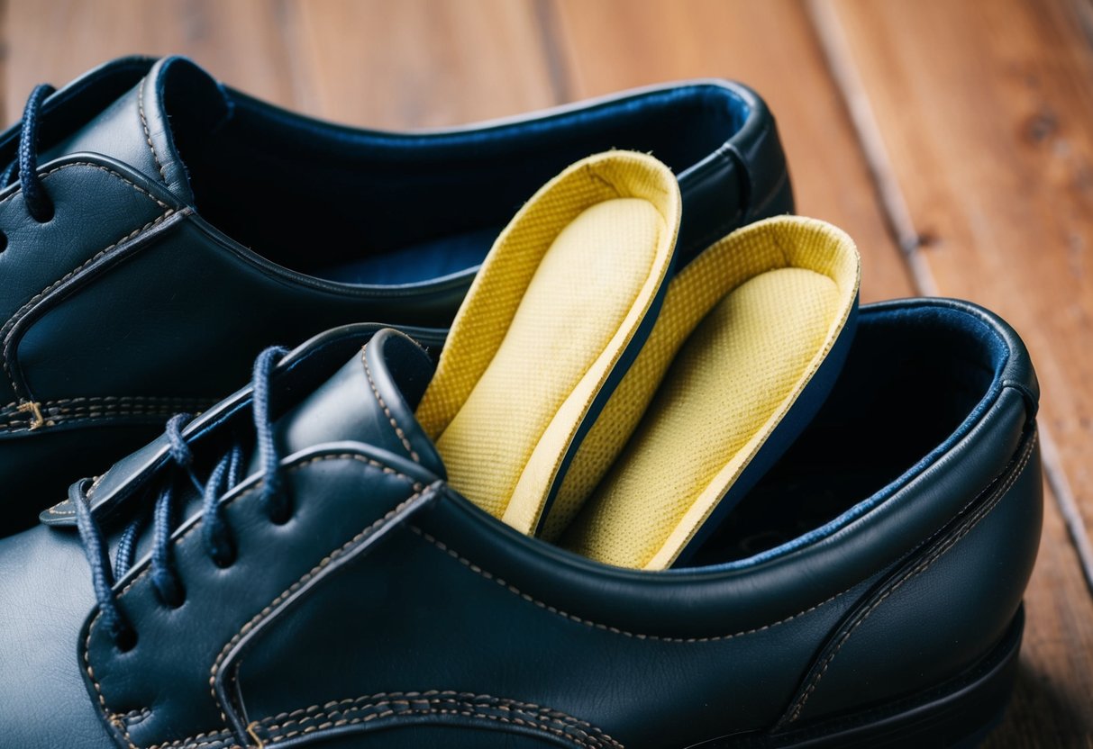 A pair of shoe inserts nestled comfortably inside a well-worn pair of men's shoes, ready for all-day wear