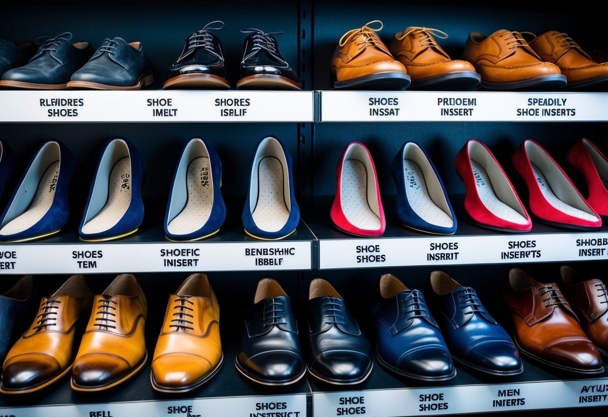 A variety of shoe inserts displayed on a shelf, surrounded by different types of men's shoes. Each insert is labeled with its specific purpose and benefits