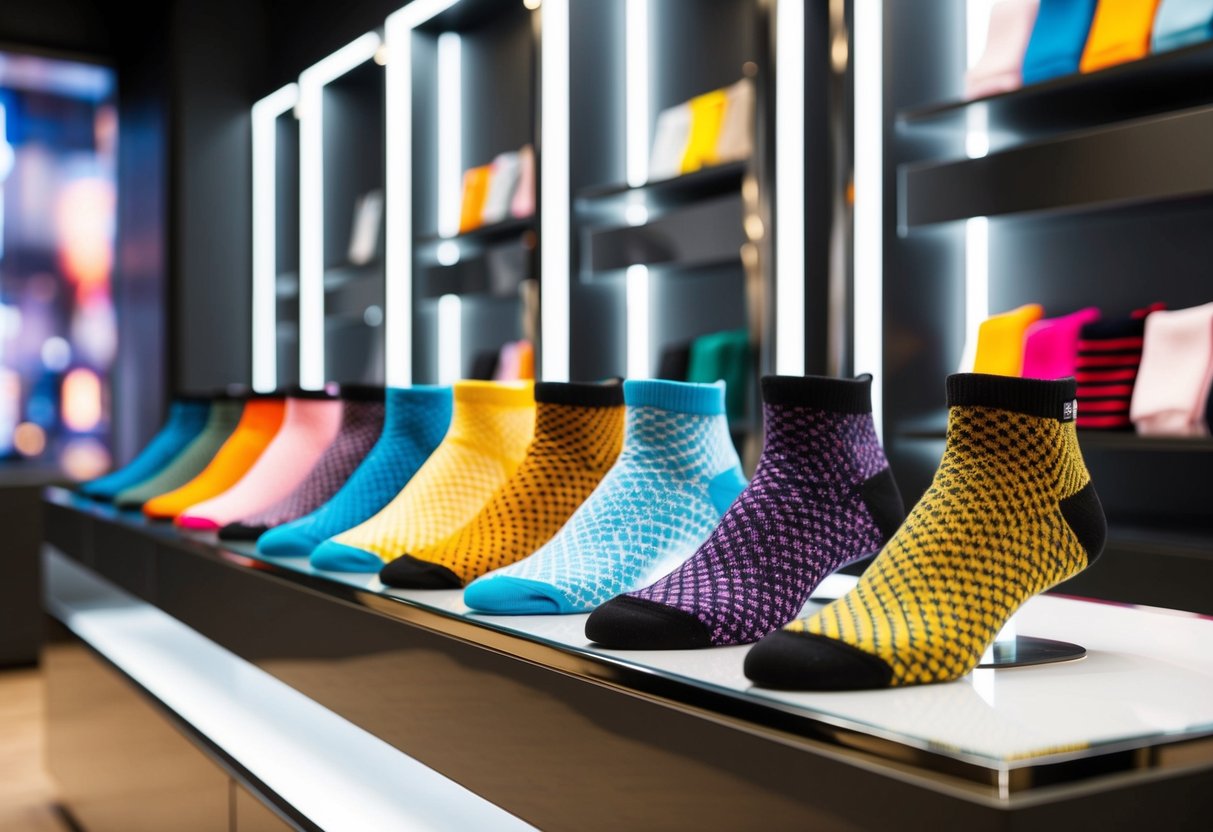 A lineup of colorful, patterned socks displayed on sleek, modern shelves in a trendy boutique