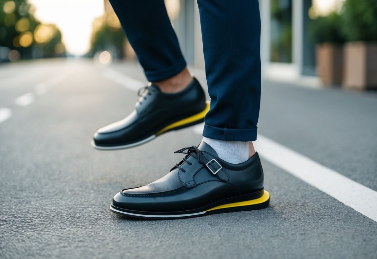 A man walking comfortably in his shoes, with a focus on his feet supported by high-quality shoe inserts