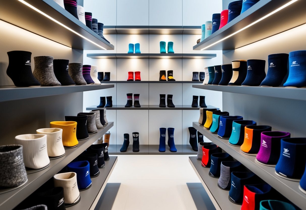 A collection of various sock materials and designs displayed on sleek, modern shelves in a trendy, minimalist store