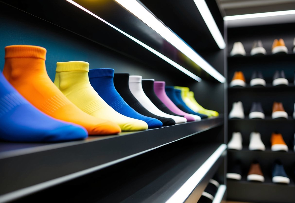 A row of stylish and colorful socks displayed on a sleek, modern shelf in a trendy men's footwear store